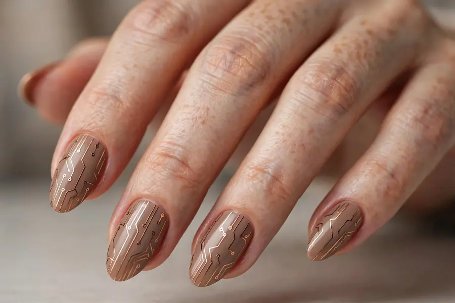 Copper wire line striped almond nails over taupe on real hands