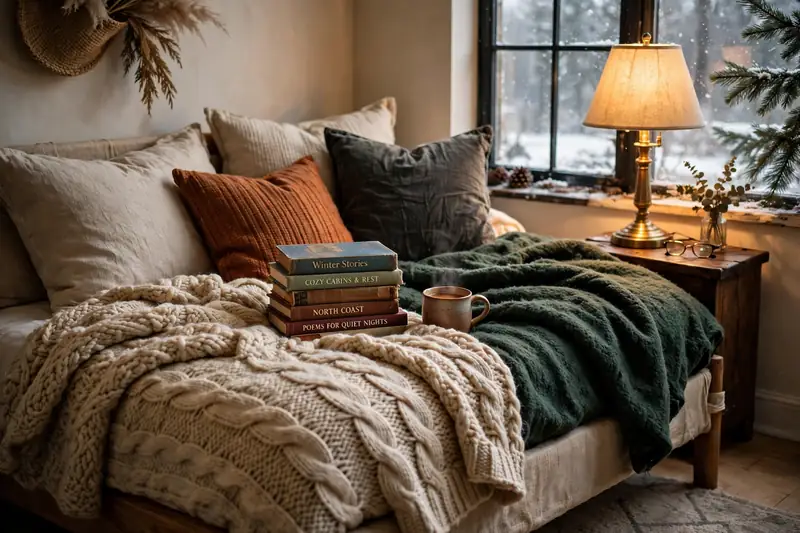 Daybed dressed with thick blankets pillows and books for cozy winter reading