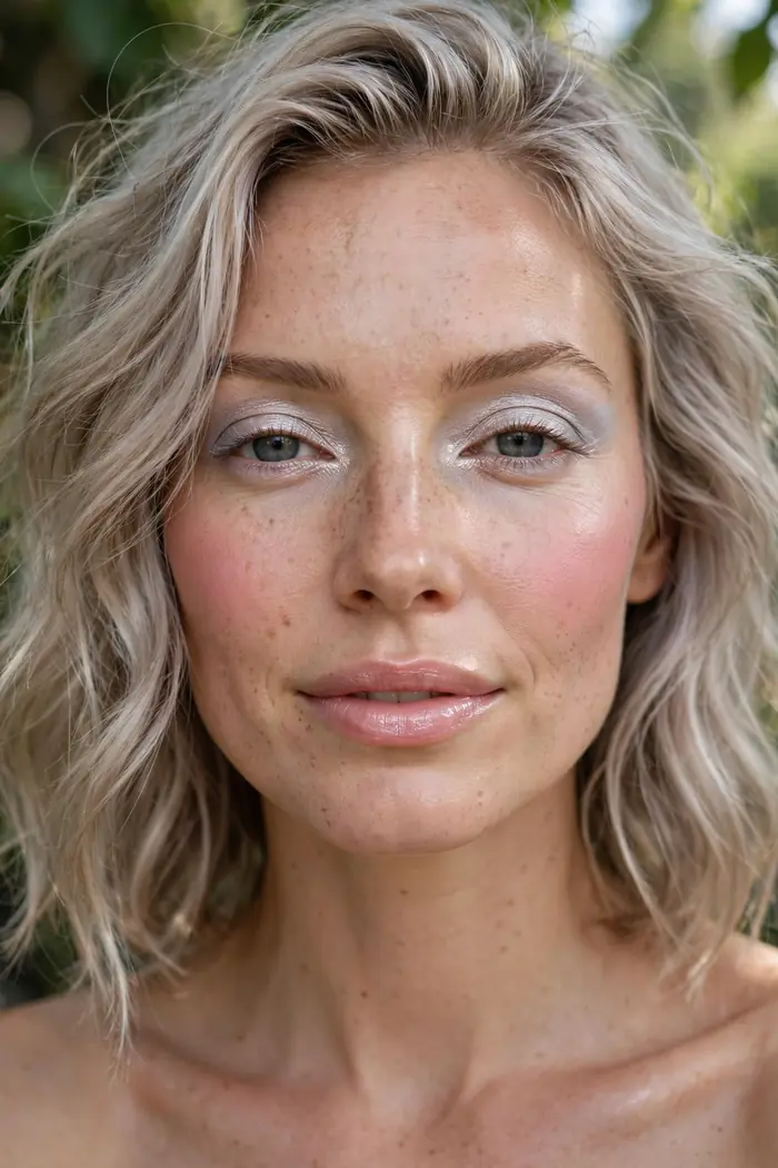 Soft frosted makeup with sheer silver shimmer for daytime