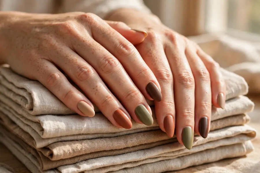 Earthy almond nails in warm neutral tones on real hands
