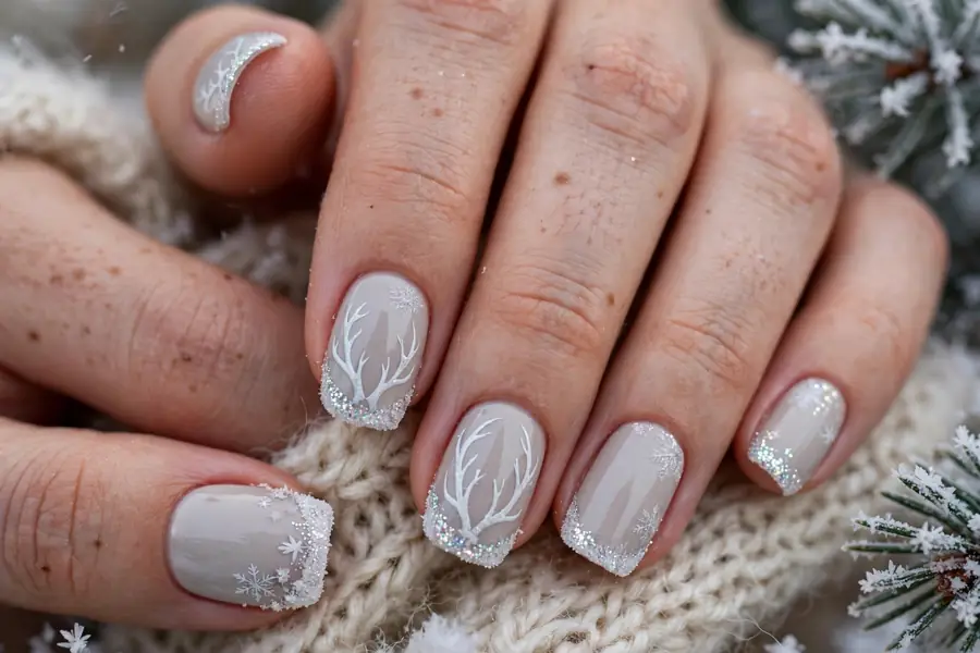 Frosted white antler tip reindeer nails on real hands in cold winter light