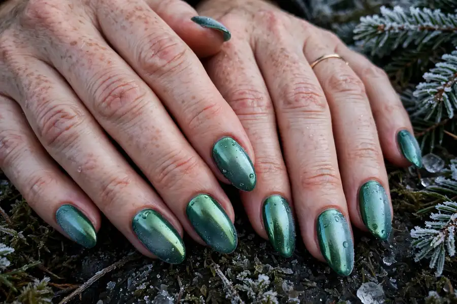 Frosted evergreen chrome nails with icy sheen on real hands
