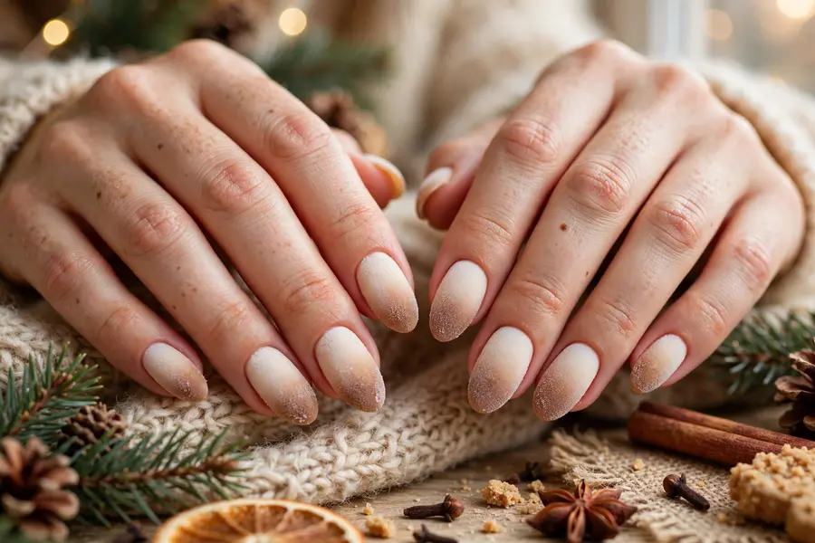 Frosted gingerbread ombre nails fading from cream to brown on real hands