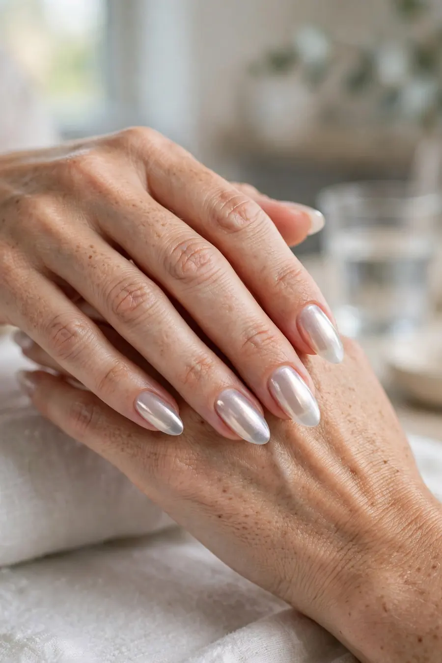 Frosted glass milky white chrome nails with a translucent hazy finish