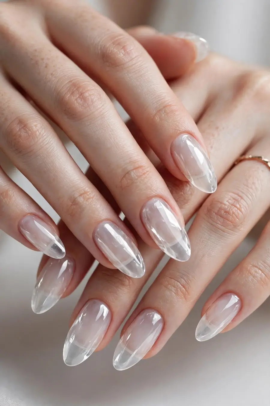 Sheer white glass slipper nails on real hands
