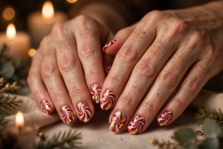 Gold foil peppermint swirl nails with red white and gold accents on real hands