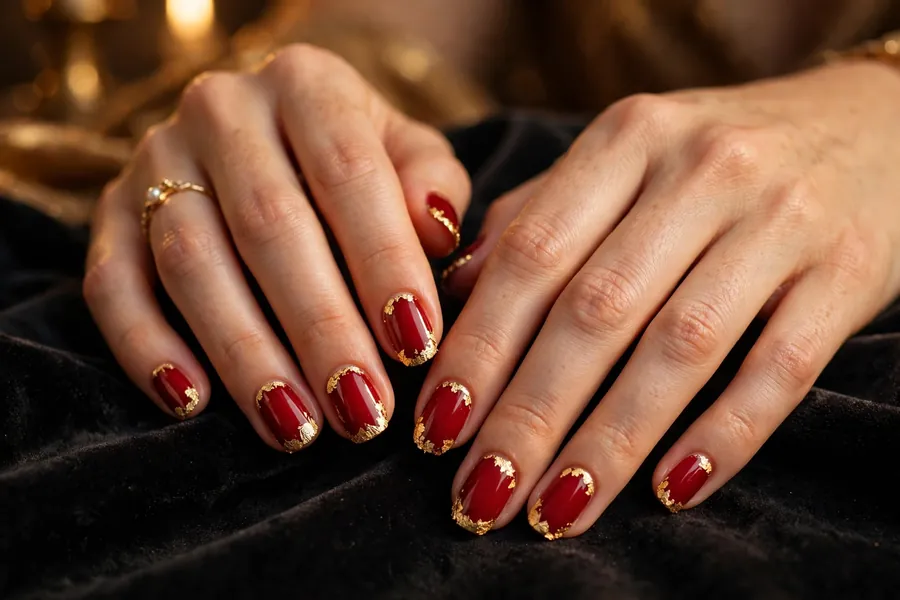 Red nails with delicate gold foil tips on real hands
