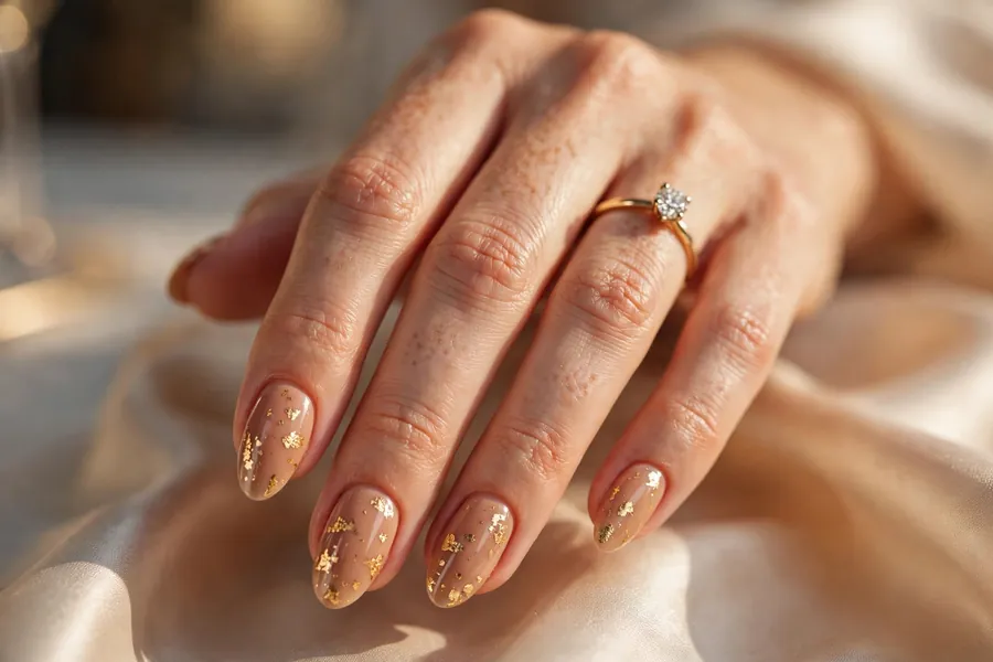 Bridal nails with gold foil flecks over warm nude