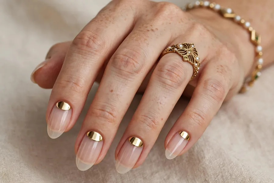 Hand with gold chrome half-moon nails on a nude base
