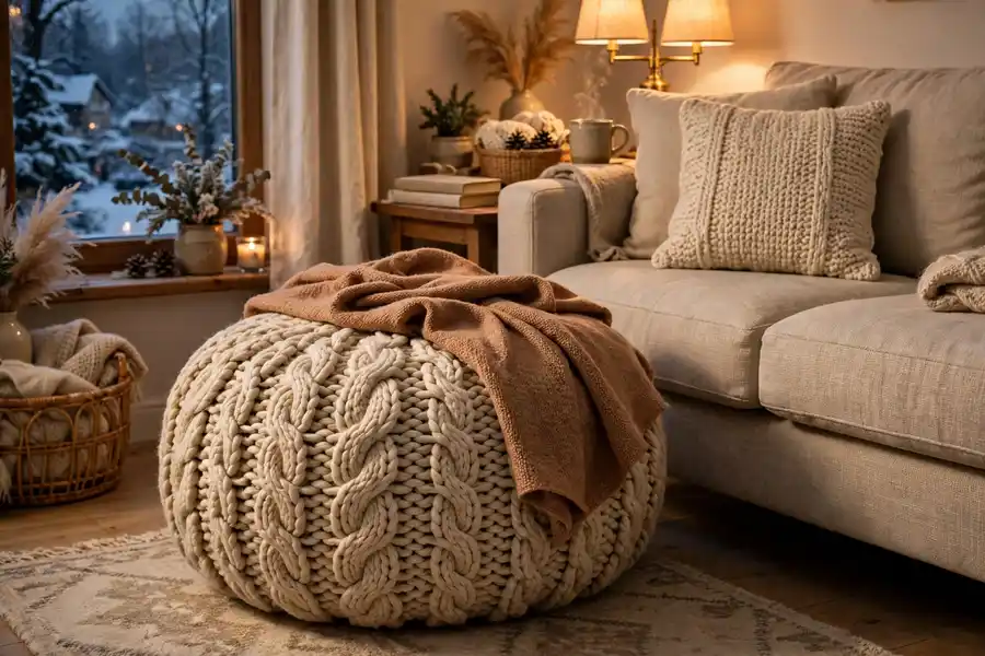 chunky knit pouf beside a sofa in a cozy winter living room