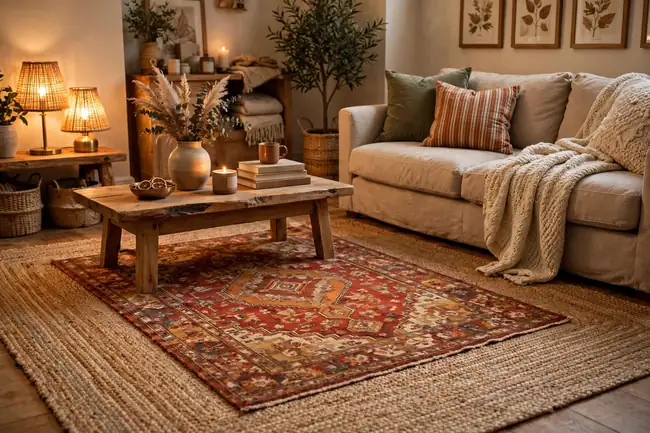Fall home decor ideas with layered rugs in a living room