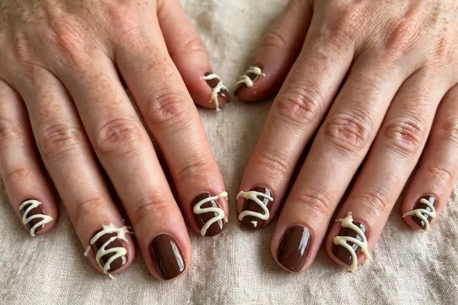 Marshmallow drizzle lines over chocolate hot chocolate nails on real hands