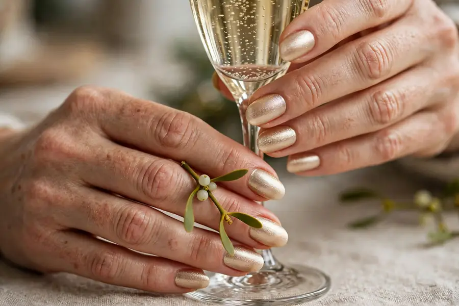 Mistletoe sprig on champagne shimmer mistletoe nails on real hands holding a champagne glass