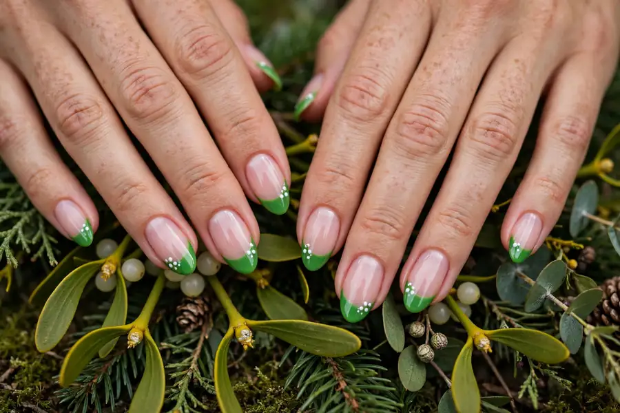 Mistletoe green Christmas French tip nails on real hands beneath holiday greenery