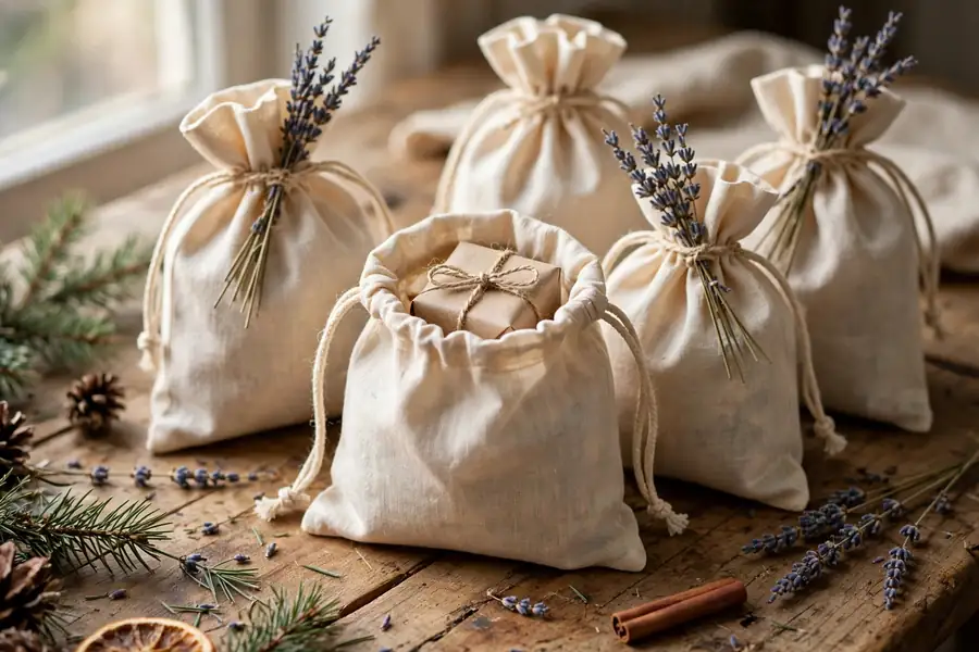 Small Christmas gifts in muslin drawstring bags with dried lavender tied to the cords