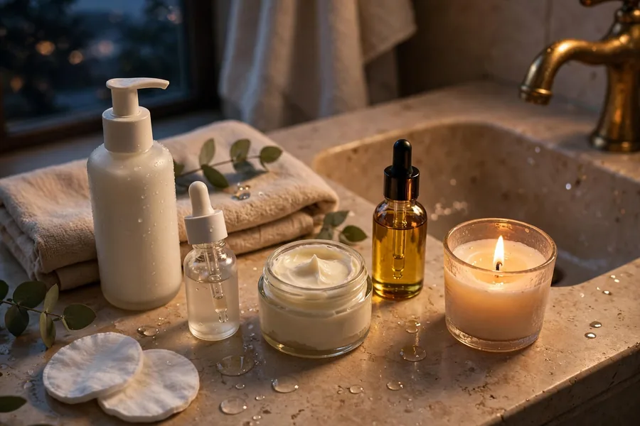 Evening skincare ritual with products arranged by the sink
