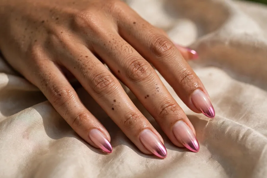 Ombre jelly pink chrome nails fading to shimmering tips