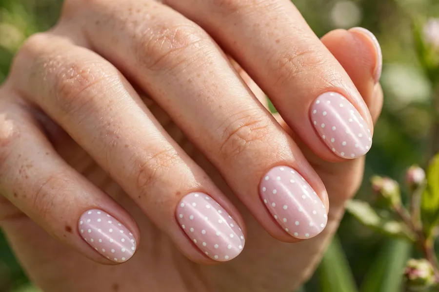 Pastel pink polka dot cat eye nails with white dots