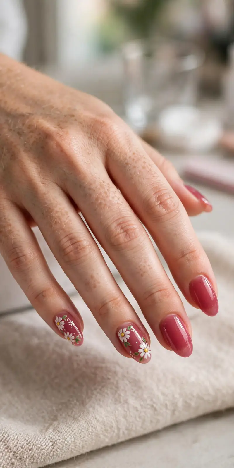 Raspberry jelly nails decorated with delicate white floral nail art