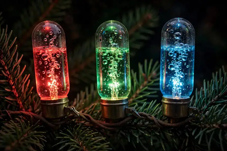 Close up of vintage bubble Christmas lights glowing on a tree