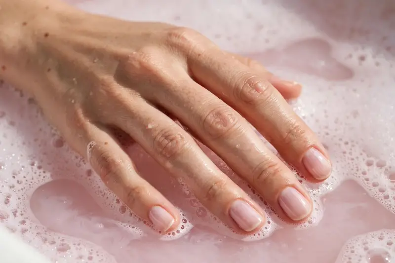 Short round bubble bath nails in sheer pink on real hands