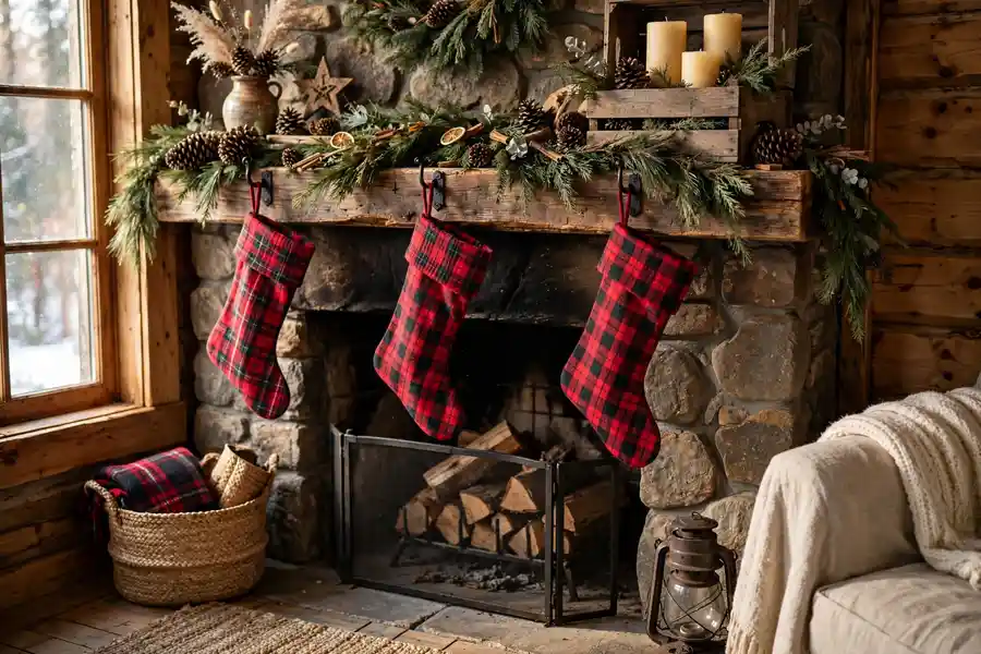 Rustic farmhouse Christmas mantel with pinecones plaid stockings and wooden box