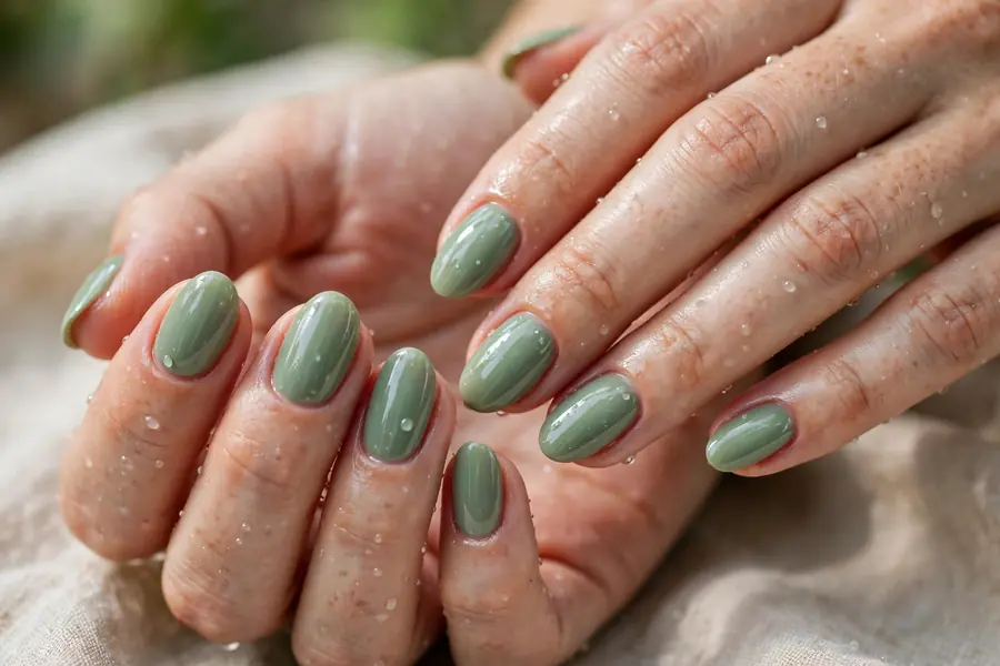Sage green nails with a clear glassy shine