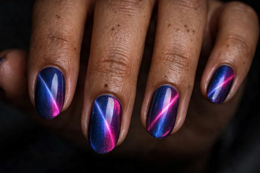 Oval nails with sapphire-to-fuchsia two tone cat eye nail polish, vivid jewel-toned shimmer