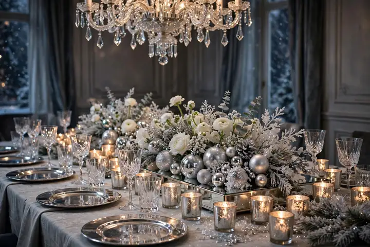 Silver and crystal christmas table setting with mercury glass candles