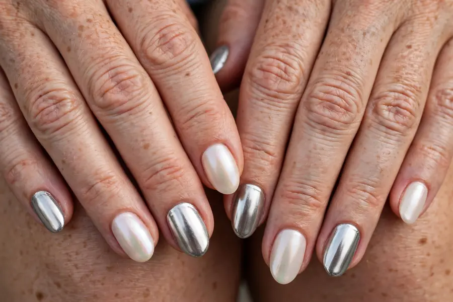 Silver chrome nails paired with pearl accent nails on real hands