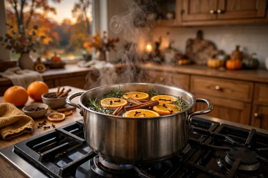 Stovetop simmer pot with orange and cinnamon for fall home scent
