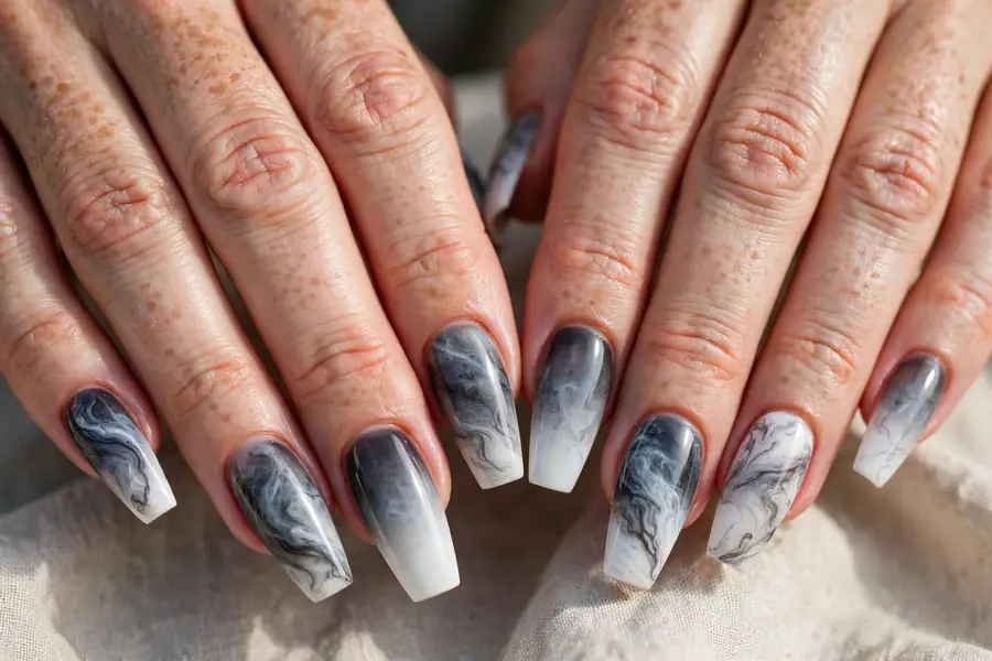 Smoky grey ombre marble nails