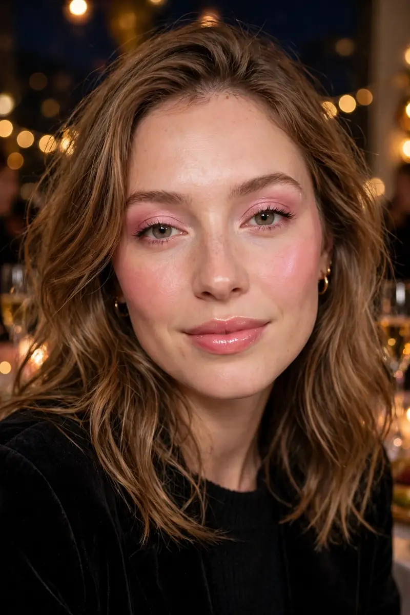Woman with a soft pink New Year's Eve makeup look, pink blush and glossy lips