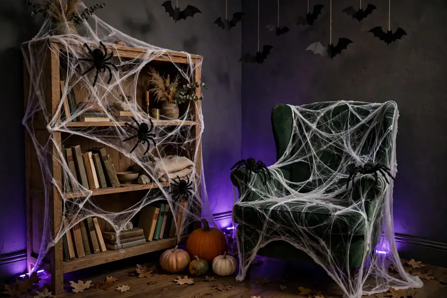 Living room corner decorated with giant Halloween spider webs, fuzzy spiders and purple lighting