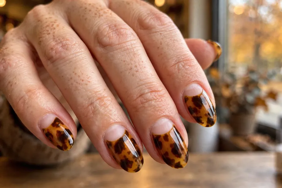 Tortoiseshell nails with a half-moon design
