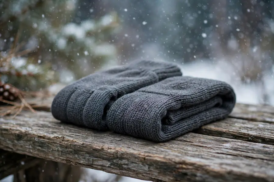Charcoal grey knit touchscreen gloves folded on a rustic wooden bench