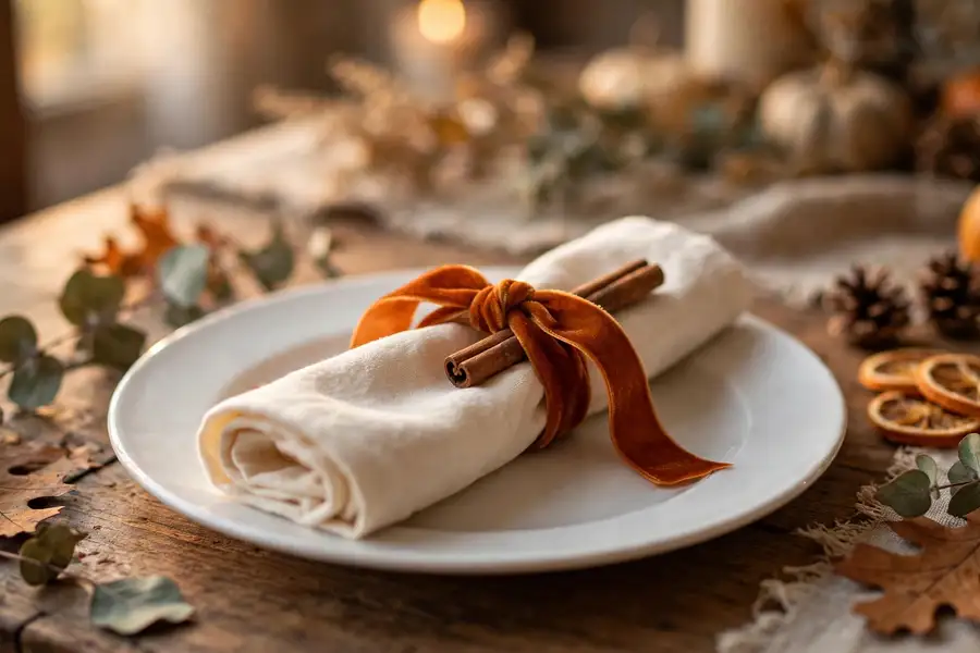 Cloth napkins tied with burnt orange velvet ribbon for thanksgiving