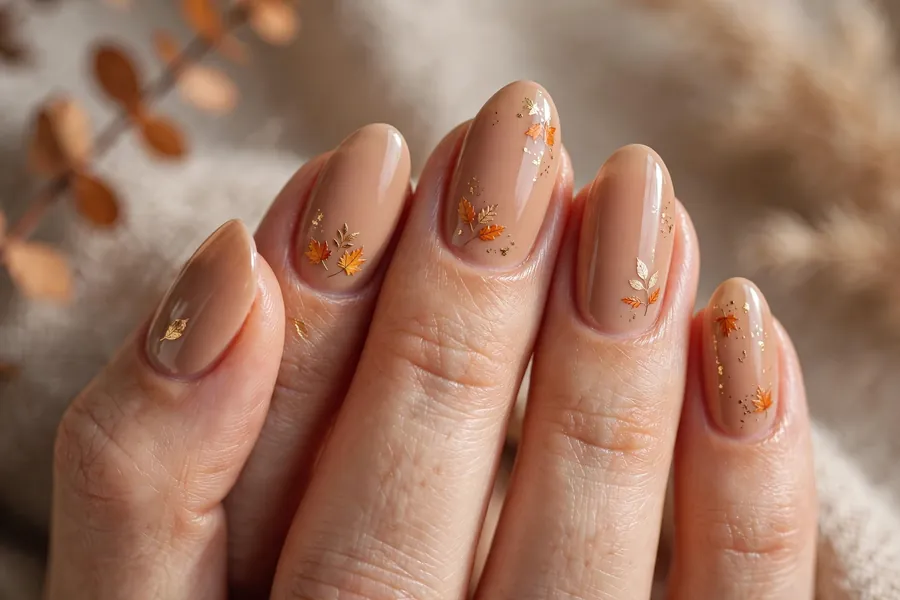 Warm nude nails with tiny autumn leaf decals