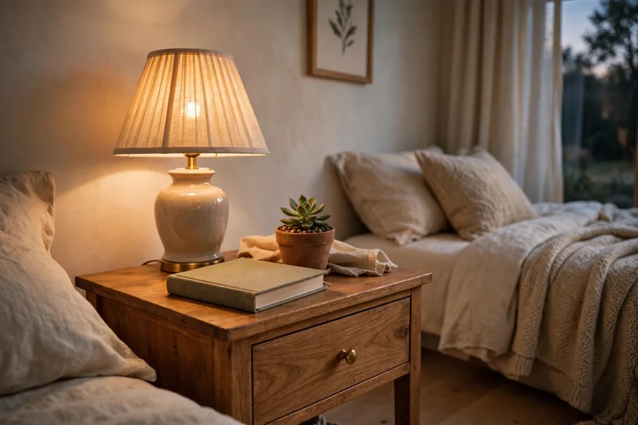 warm wood nightstand with a lamp book and plant in a cozy bedroom