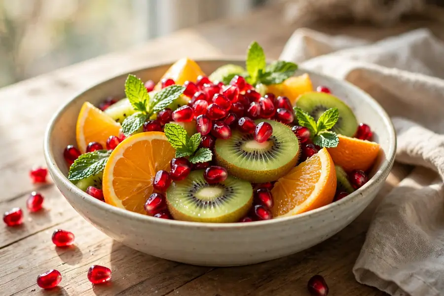 Winter fruit salad with pomegranate citrus kiwi and mint in a bowl