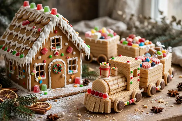 Photorealistic photograph of a gingerbread house with a candy train made of wafer cookies and candies beside it