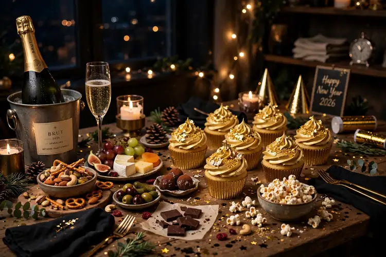 Midnight snack and dessert table with gold cupcakes for New Year's Eve