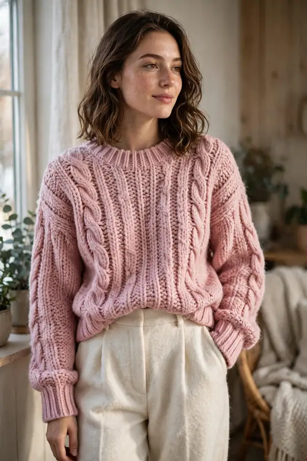 Woman in a soft pink chunky knit sweater with cream wool trousers