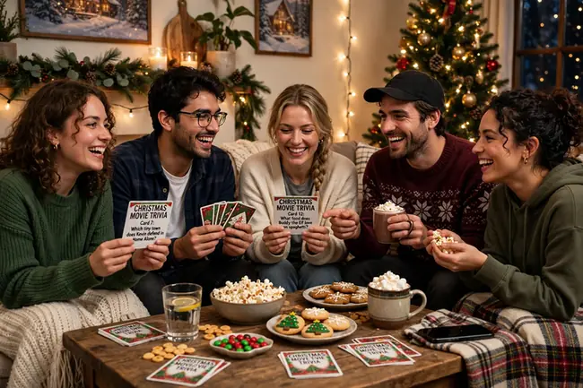 Friends playing Christmas movie trivia with cards and snacks during a movie night