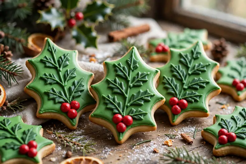 Holly leaf cookies with green icing leaves and clusters of red berries