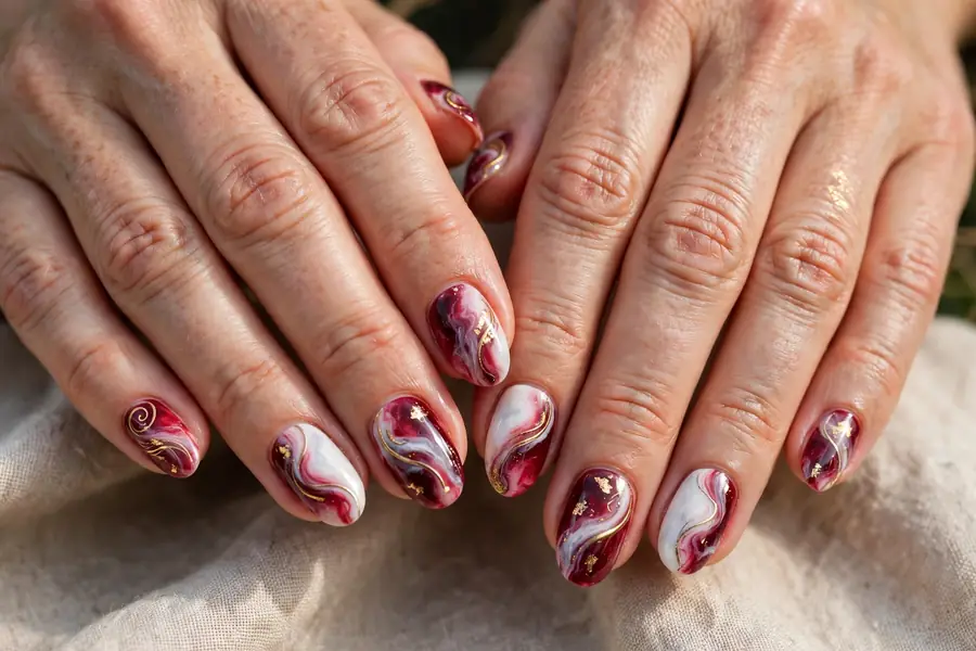 Cranberry and white marble effect nails