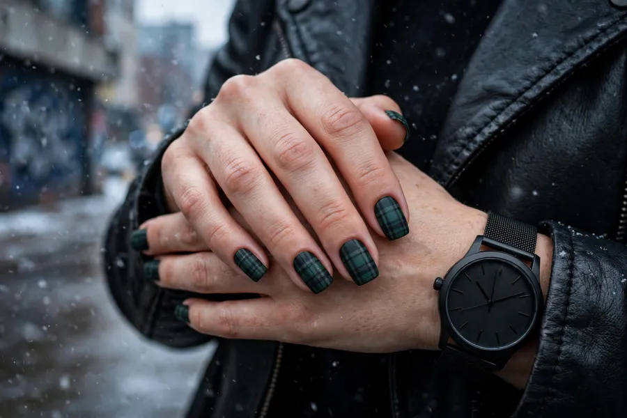 Matte black watch plaid nails