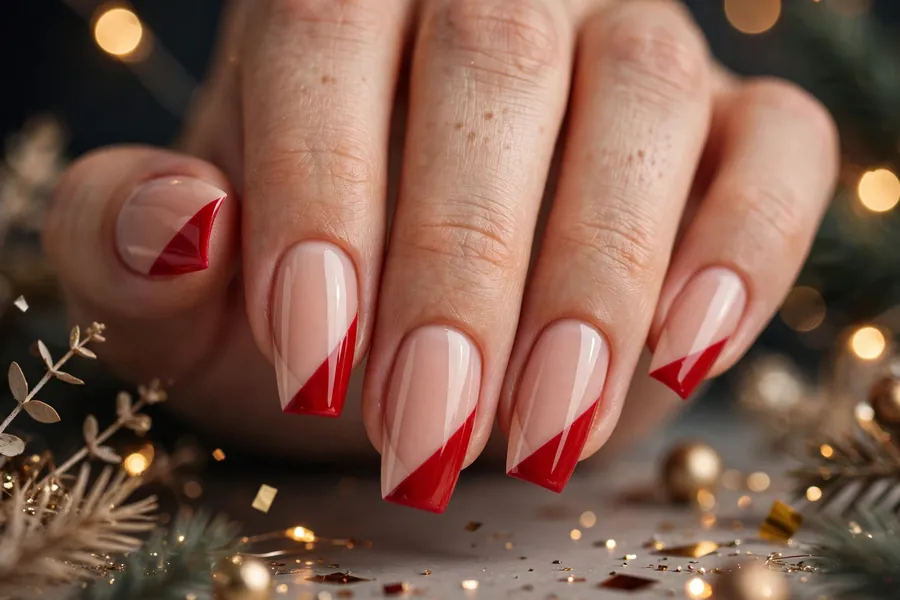 Angled red French tip nails