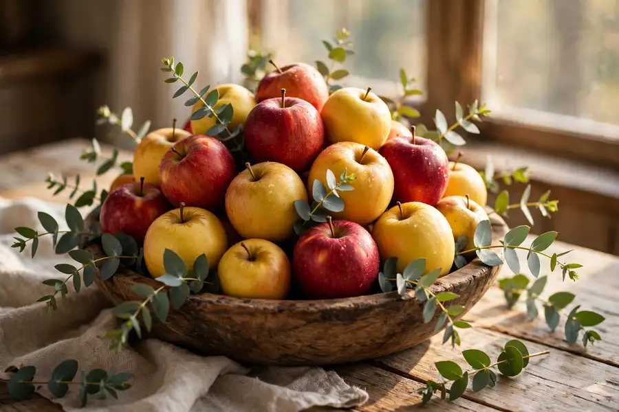 Red apples and greenery arranged as a thanksgiving centerpiece