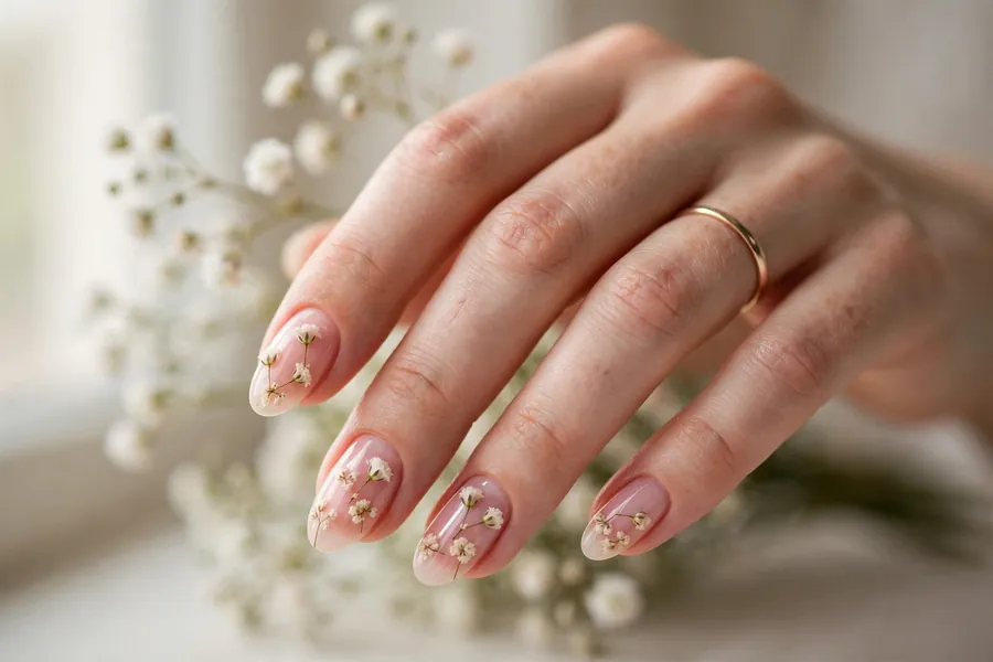 Bridal nails with baby's breath micro floral nail art